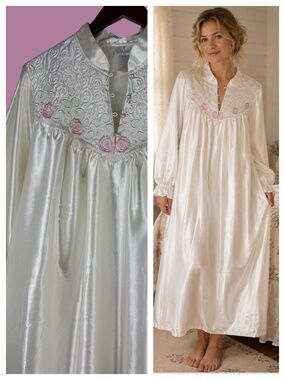 Vtg Character Long Maxi Nightgown Large Satin Silky Ivory Cream Floral Cottage
